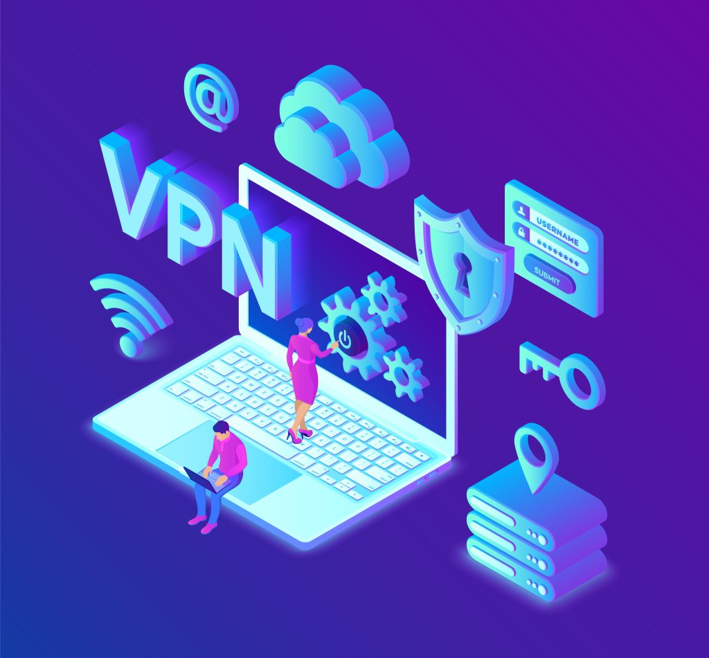 VPN. Virtual private network. Data encryption, IP substitute. Secure VPN connection concept. Cyber security and privacy, Isometric personal data protection. Privacy Protection. Vector Illustration.